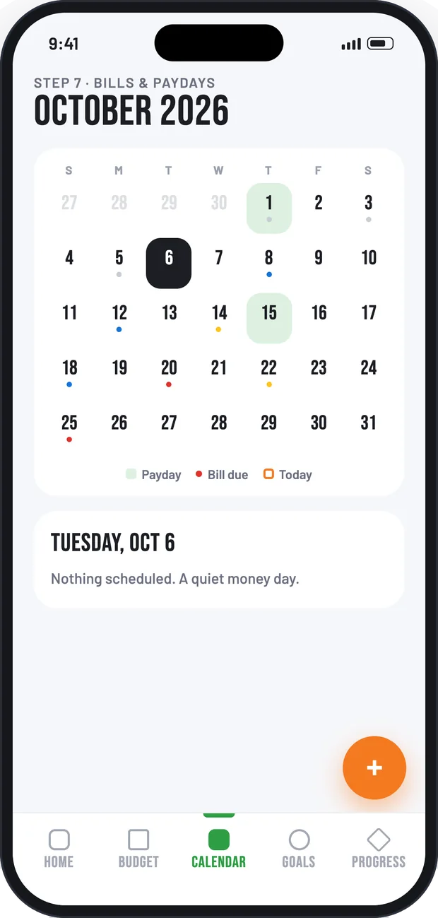 Calendar screen with paydays and bill due dates