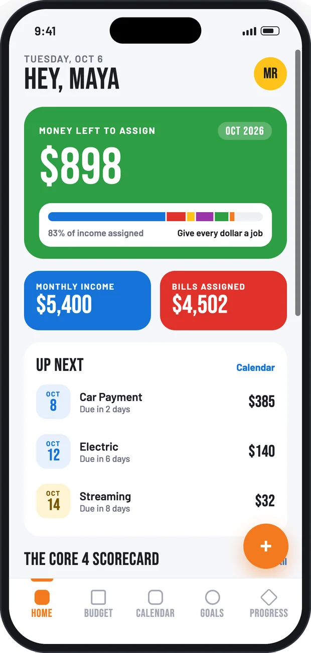 The Cashflow Code app home screen showing $898 money left to assign