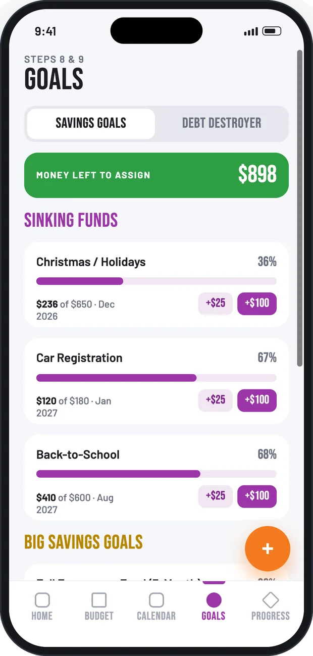 Savings goals screen with sinking funds